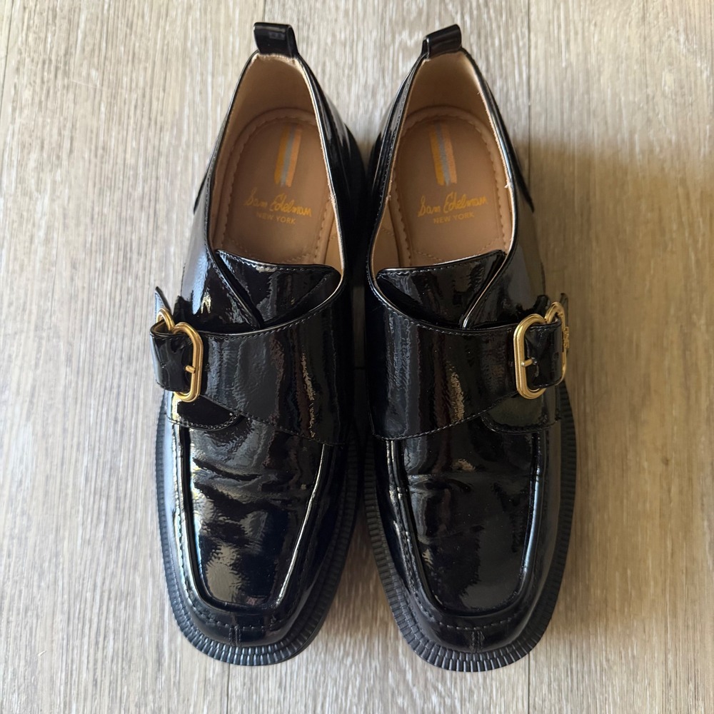 Sam Edelman Lora Black Patent Leather Lug Loafers Womens 8.5 Preppy Dark Acdemia